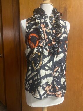 J. Crew Sleeveless Ruffle-Neck Abstract Print Top — Black, Cream & Orange